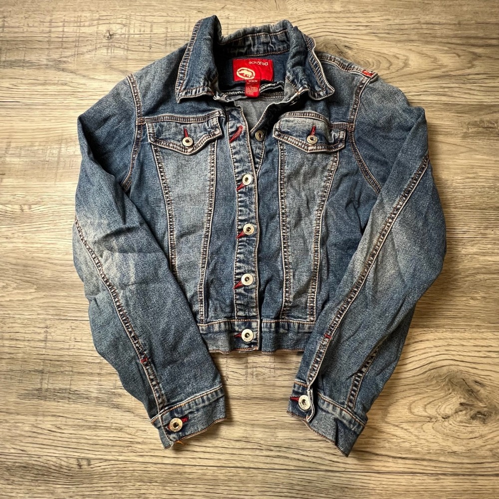 Ecko‎ Red Denim Jacket Women Medium Blue Stretch Trucker Y2K Streetwear V84